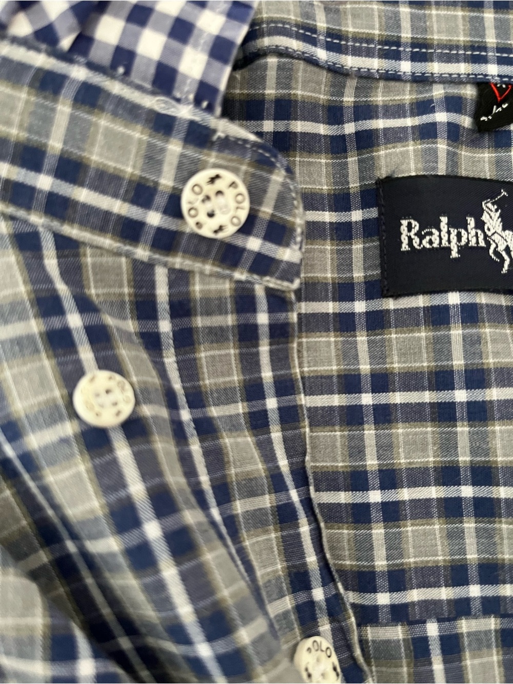 Refashioned faux Ralph Lauren Navy and Gray Checked Button-Down Ruffle collar - Picture 7 of 7